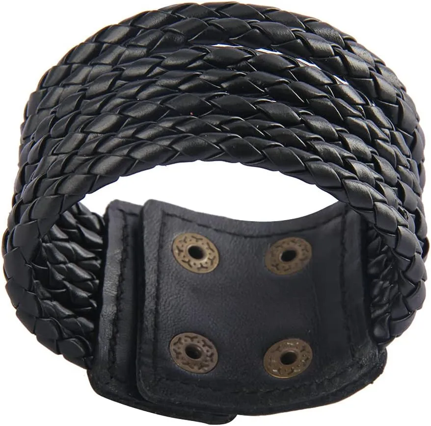 Jeilwiy Punk Leather Wristbands for Men Bracelets Handmade Wide Cuff Bangle Braided Jewelry Black Brown Adjustable - Punk Father's Gifts