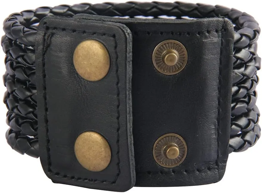 Jeilwiy Punk Leather Wristbands for Men Bracelets Handmade Wide Cuff Bangle Braided Jewelry Black Brown Adjustable - Punk Father's Gifts