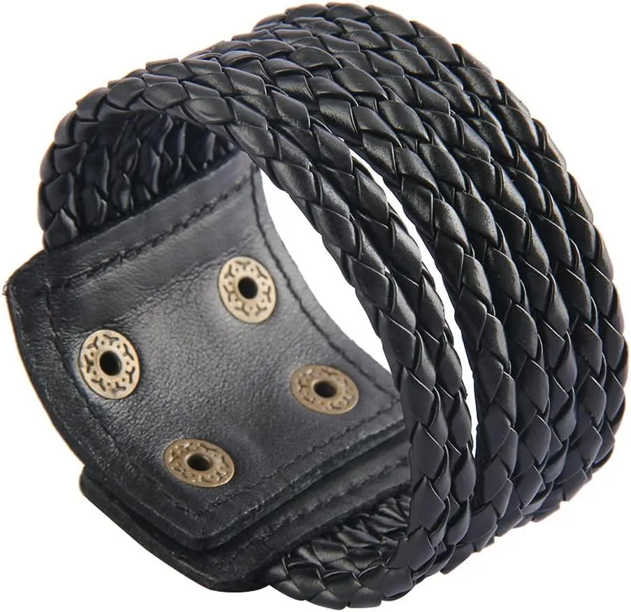 Jeilwiy Punk Leather Wristbands for Men Bracelets Handmade Wide Cuff Bangle Braided Jewelry Black Brown Adjustable - Punk Father's Gifts