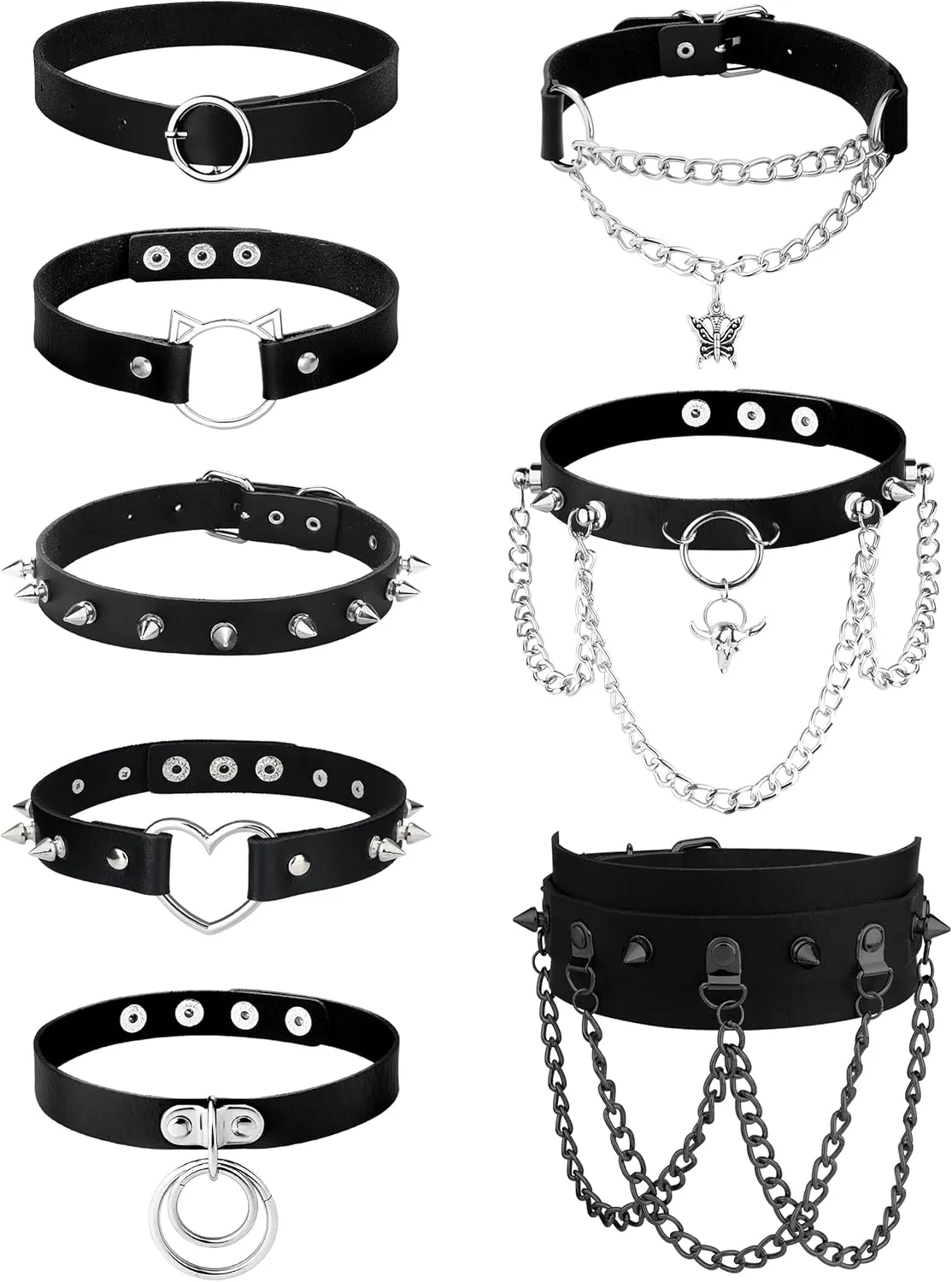JeryWe 8Pcs Black Goth Choker for Women Leather Gothic Choker Heart Choker Pack Adjustable Cosplay Jewelry Leather Choker Punk Necklace Choker Collar for Women Men