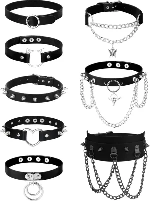 JeryWe 8Pcs Black Goth Choker for Women Leather Gothic Choker Heart Choker Pack Adjustable Cosplay Jewelry Leather Choker Punk Necklace Choker Collar for Women Men