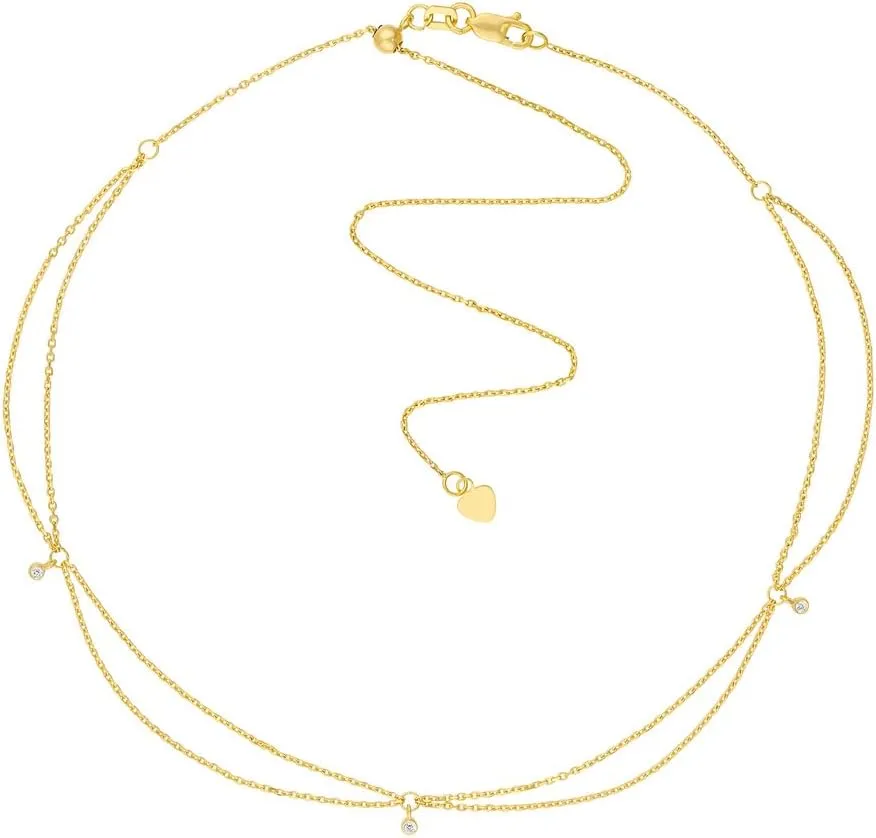 JewelryWeb 14k Yellow Gold 0.05 Dwt Diamond Dangle Drape Adjustable Choker 17 Inch-Choker Necklace for Women