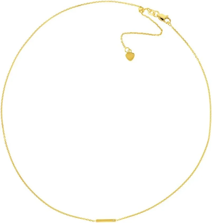 JewelryWeb 14k Yellow Gold 10mm Staple Bar With 0.005 Dwt Diamond Adjustable Choker 16 Inch-Choker Necklace for Women