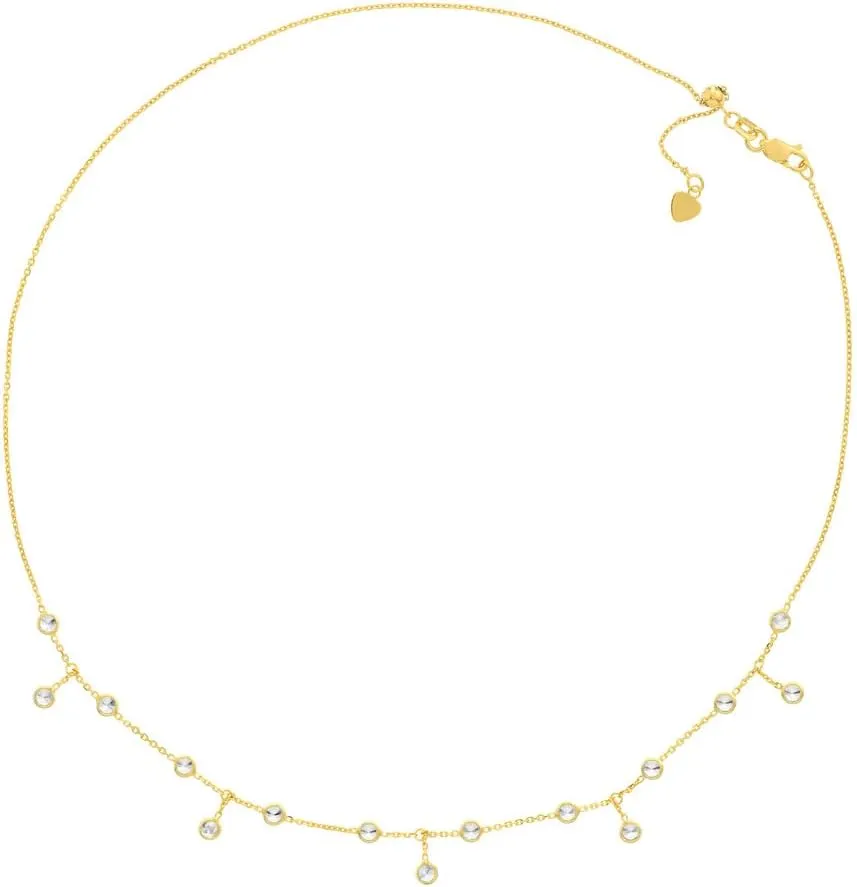 JewelryWeb 14k Yellow Gold 3mm Round CZ Simulated Diamond Choker Adjustable Necklace-Choker-Necklace for Women