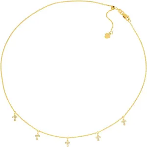 JewelryWeb 14k Yellow Gold 5 CZ Simulated Diamond Mini Religious Faith Crosses Choker Adjustable Necklace 16 Inch-Choker-Necklace for Women