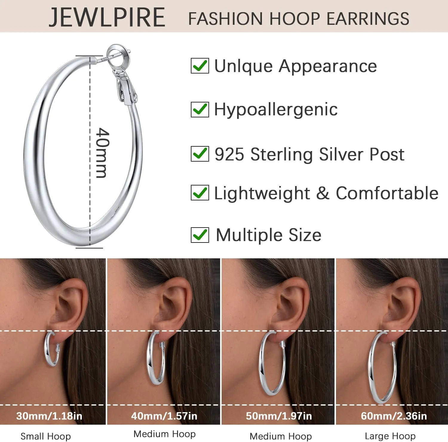 Jewlpire Gifts for Women 14K Gold Plated Hoop Earrings with 925 Stering Silver Post, Lightweight & Hypoallergenic Gold/Silver/Rose Gold Hoop Earrings for Women 30mm/40mm/50mm/60mm