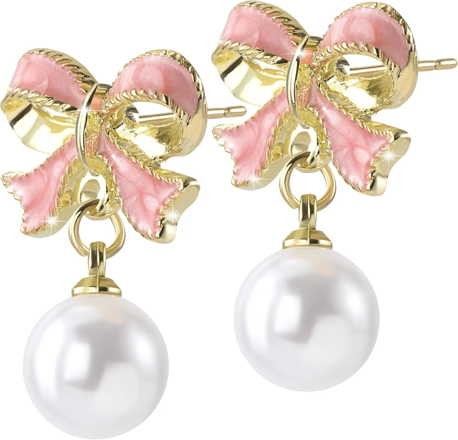 Joez Wonderful Bow Stud Earrings, Light Pink Bow Earrings for Women, Golden Edge Bow Pearl Dangle Earrings for Brides Bridesmaid Wedding Jewelry Dress