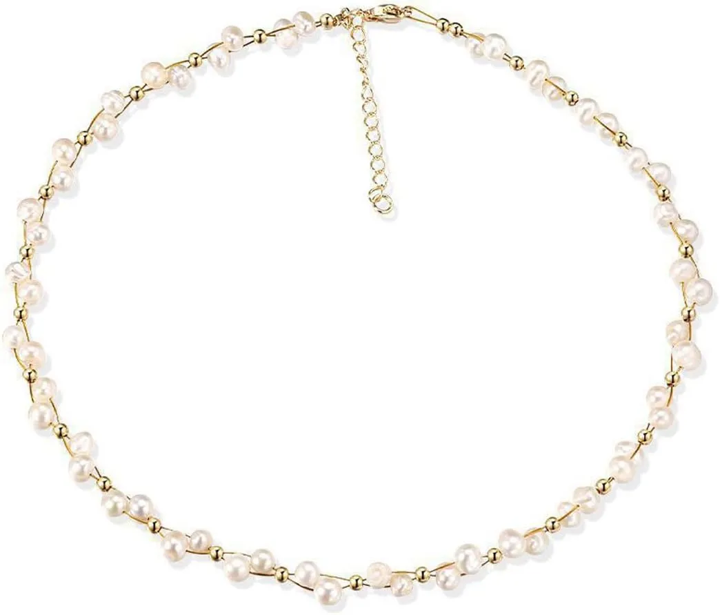 K-Elewon Natural Freshwater Pearl Choker Necklace for Women Dainty 18K Gold Plated Baroque Pearl Necklaces Handmade Jewelry Gift CH01