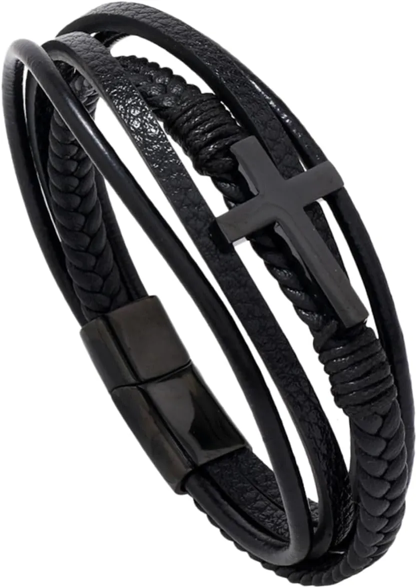 KESYOO Men's Fashion Bracelet Punk Cross Wristband Braided Leather Wrist Chain Cool Jewelry for Guys