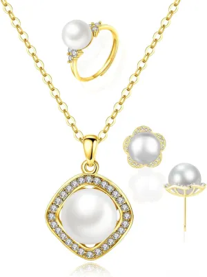 la luen Pearl Necklace Set,S925 Gold/Silver Plated 3piece Freshwater Pearl with CZ Diamond Necklace Stud Earrings Ring Jewelry for Women Mom Brides Bridesmaids