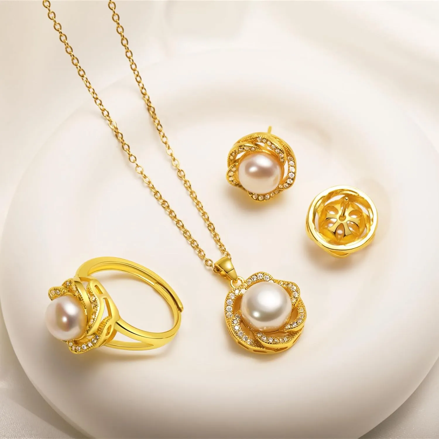 la luen Pearl Necklace Set,S925 Gold/Silver Plated 3piece Freshwater Pearl with CZ Diamond Necklace Stud Earrings Ring Jewelry for Women Mom Brides Bridesmaids