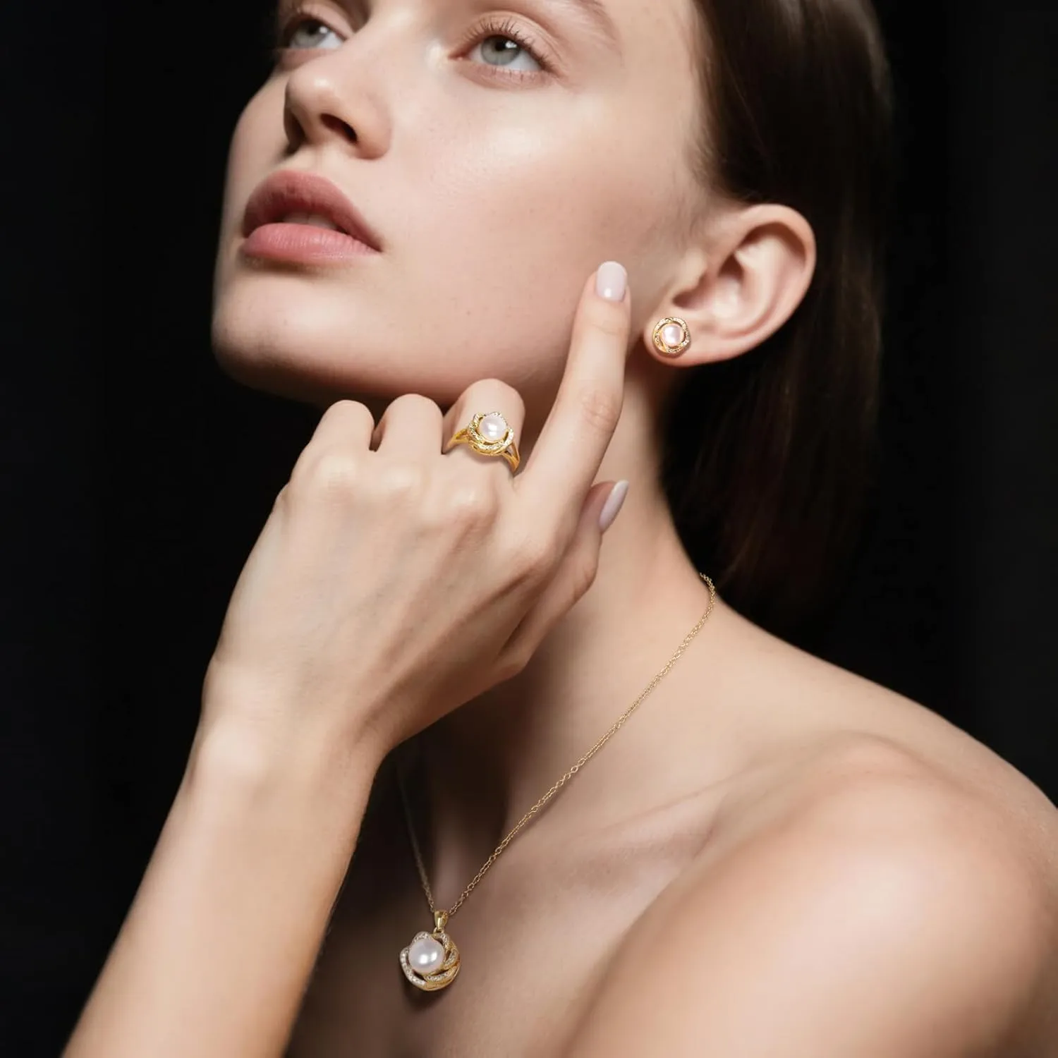 la luen Pearl Necklace Set,S925 Gold/Silver Plated 3piece Freshwater Pearl with CZ Diamond Necklace Stud Earrings Ring Jewelry for Women Mom Brides Bridesmaids