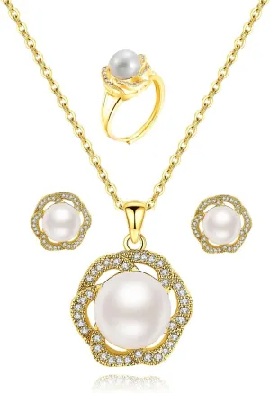 la luen Pearl Necklace Set,S925 Gold/Silver Plated 3piece Freshwater Pearl with CZ Diamond Necklace Stud Earrings Ring Jewelry for Women Mom Brides Bridesmaids