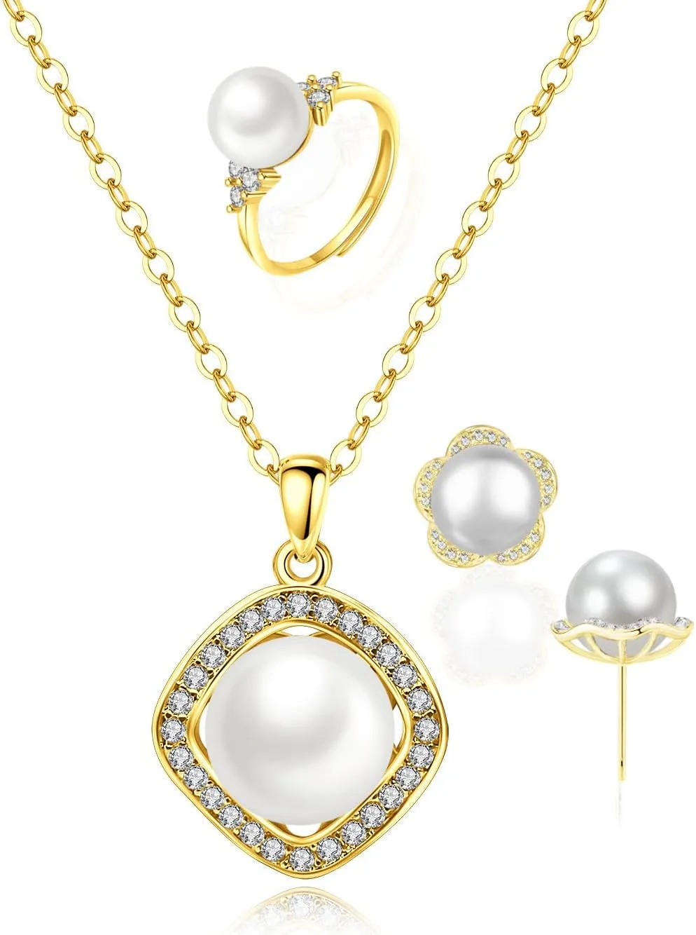 la luen Pearl Necklace Set,S925 Gold/Silver Plated 3piece Freshwater Pearl with CZ Diamond Necklace Stud Earrings Ring Jewelry for Women Mom Brides Bridesmaids