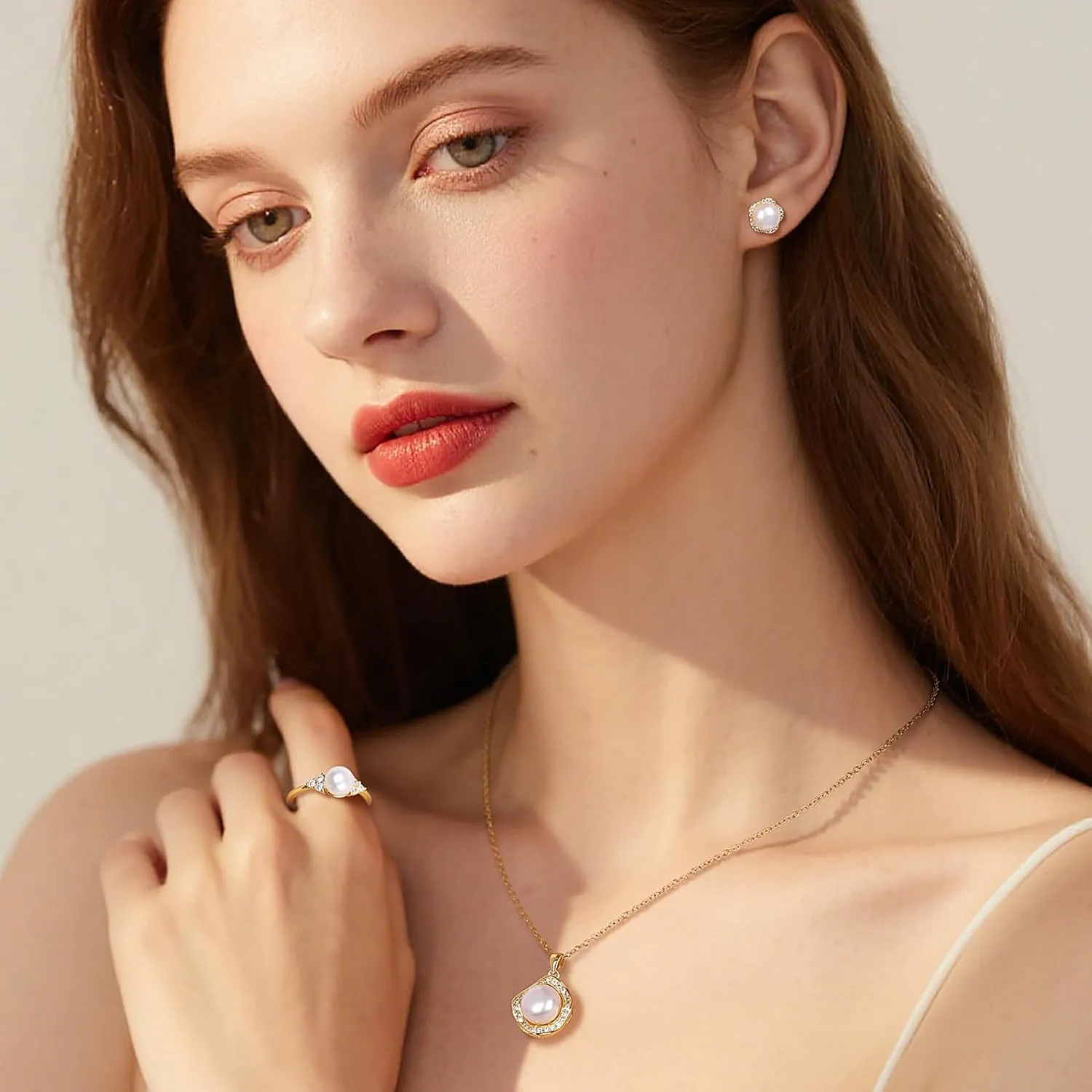 la luen Pearl Necklace Set,S925 Gold/Silver Plated 3piece Freshwater Pearl with CZ Diamond Necklace Stud Earrings Ring Jewelry for Women Mom Brides Bridesmaids