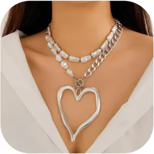 Large Heart Necklaces for Women Chunky Love Pearl Choker Necklaces Exaggerated Large Hollow Heart Pendant Necklace Statement Necklace for Women Dainty Jewelry Gifts