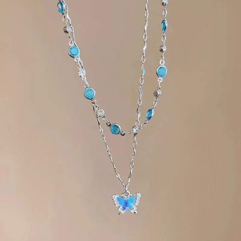 LATS Romantic Blue Crystal Butterfly Necklace for Women Girls Simple Shiny Zircon Bilayer Choker Clavicle Chain New Fine Jewelry
