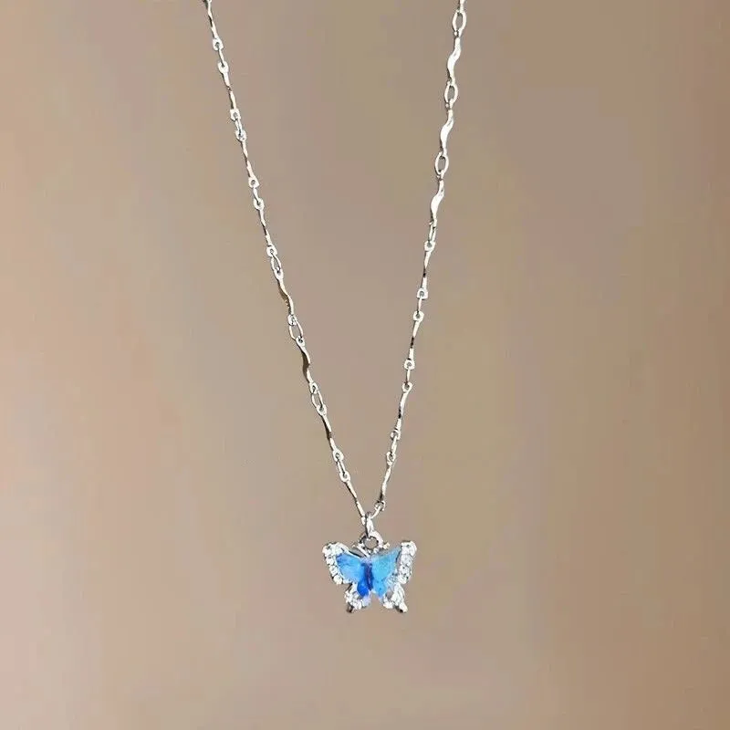 LATS Romantic Blue Crystal Butterfly Necklace for Women Girls Simple Shiny Zircon Bilayer Choker Clavicle Chain New Fine Jewelry