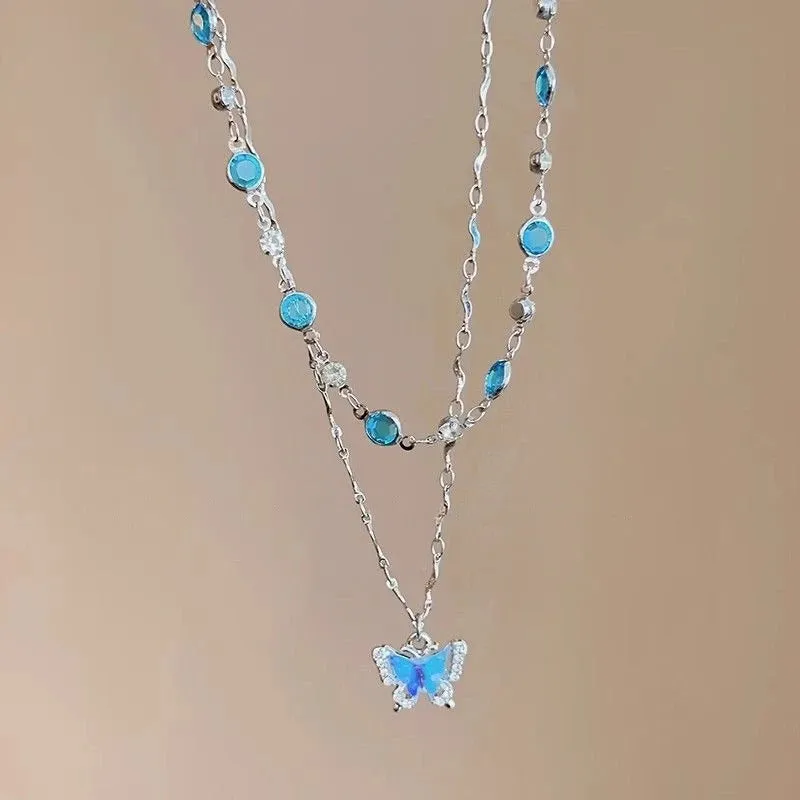 LATS Romantic Blue Crystal Butterfly Necklace for Women Girls Simple Shiny Zircon Bilayer Choker Clavicle Chain New Fine Jewelry