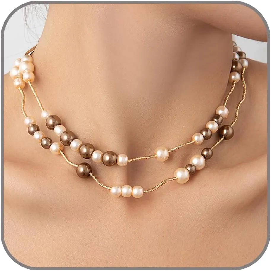 Layered Pearl Necklaces for Women Pearl Choker Necklace Gold Stacked Pearl Necklace Long Pearl Necklace Multilayer Pearl Beaded Necklace Brida Wedding Party Jewelry Gift