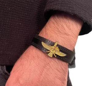 Leather Bracelet, Faravahar Forouhar Ahura Mazda Zoroastrian Bracelet, Golden Farvahar Sign - Black Leather, Adjustable Men Bracelet, Soft Natural Leather, Father's,Persian Nowruz Norooz Norooz Gift!