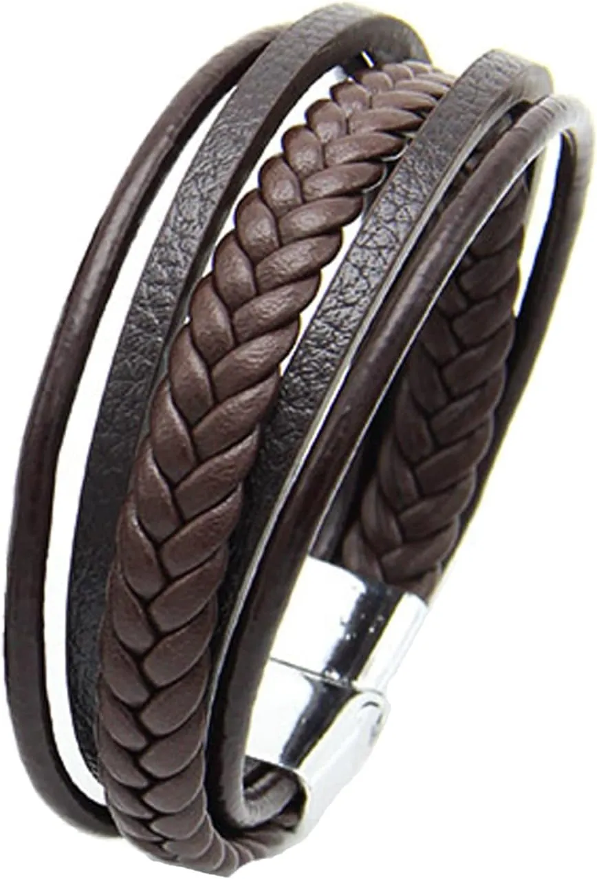 Leather Bracelet for Men Punk Leather Cuff Wrap Bracelet for Dad Boyfriend Multilayered Adjustable Braided Leather Bracelet Rope Wrist Band