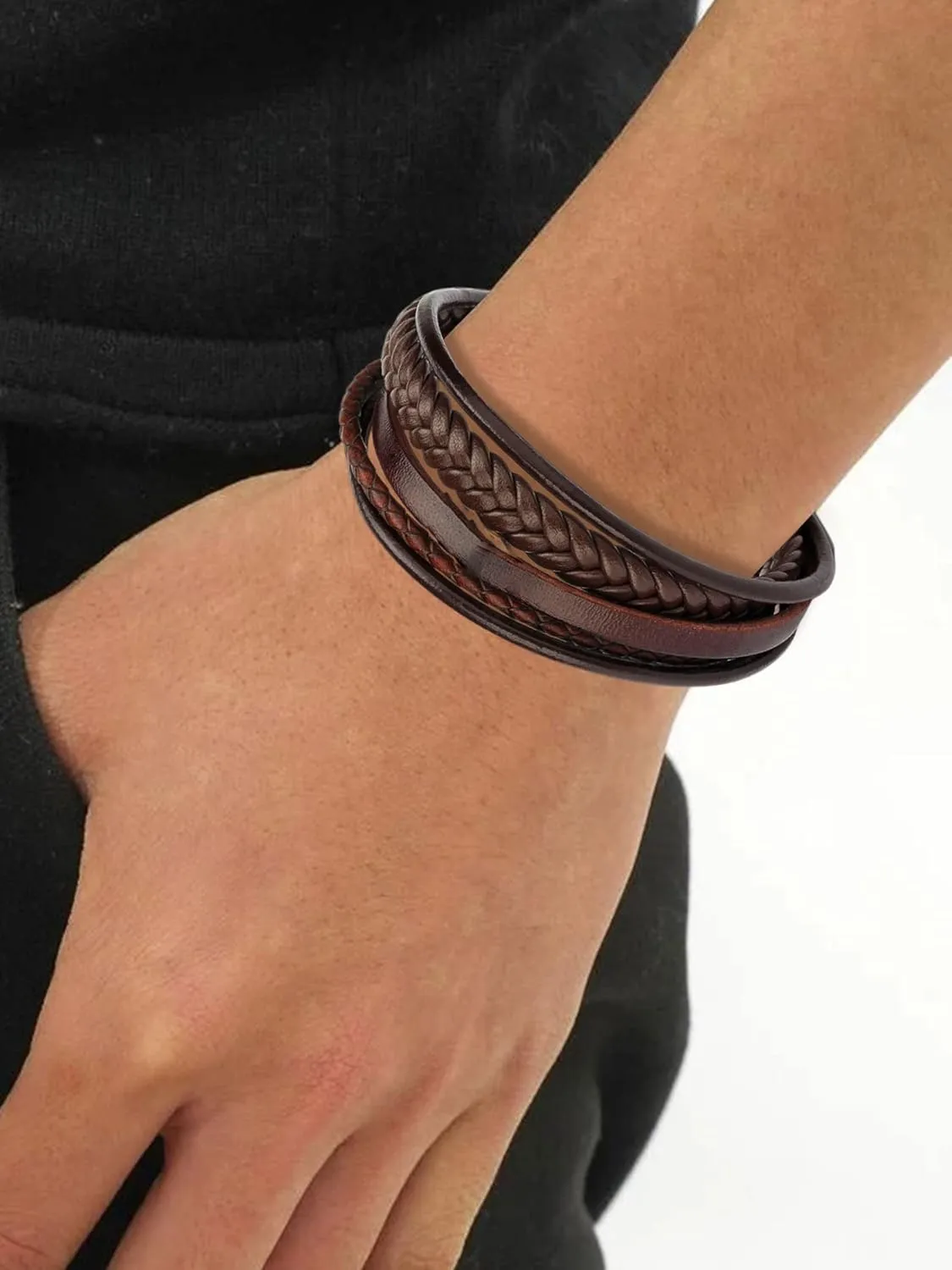 Leather Bracelet for Men Punk Leather Cuff Wrap Bracelet for Dad Boyfriend Multilayered Adjustable Braided Leather Bracelet Rope Wrist Band