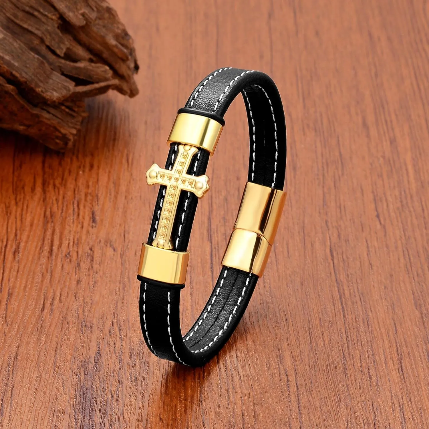 Leather Cross Bracelet for Men Religious Christian Cuff Bracelets for Confirmation Baptism Christmas