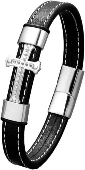Leather Cross Bracelet for Men Religious Christian Cuff Bracelets for Confirmation Baptism Christmas