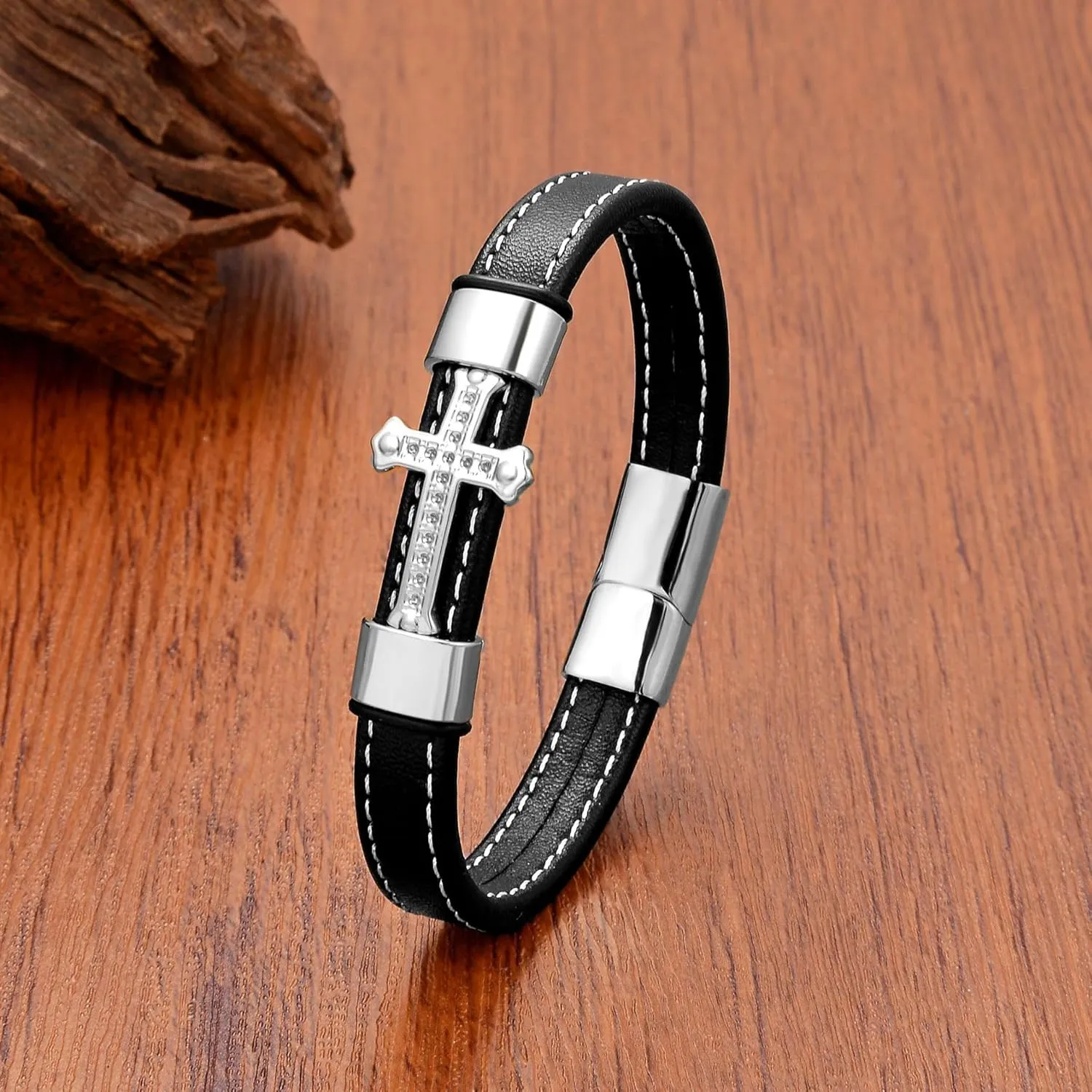 Leather Cross Bracelet for Men Religious Christian Cuff Bracelets for Confirmation Baptism Christmas