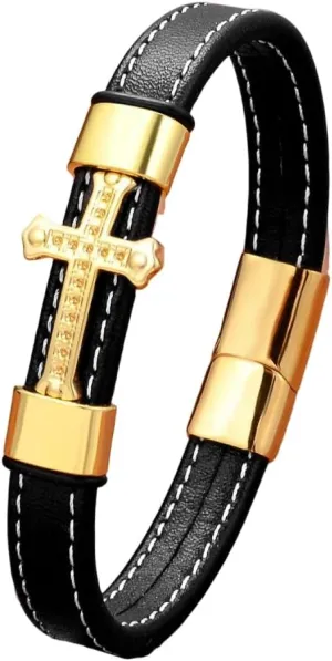 Leather Cross Bracelet for Men Religious Christian Cuff Bracelets for Confirmation Baptism Christmas