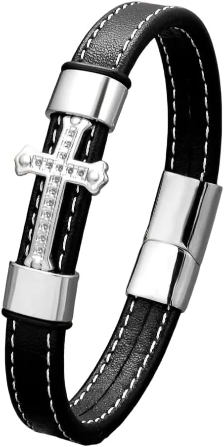 Leather Cross Bracelet for Men Religious Christian Cuff Bracelets for Confirmation Baptism Christmas