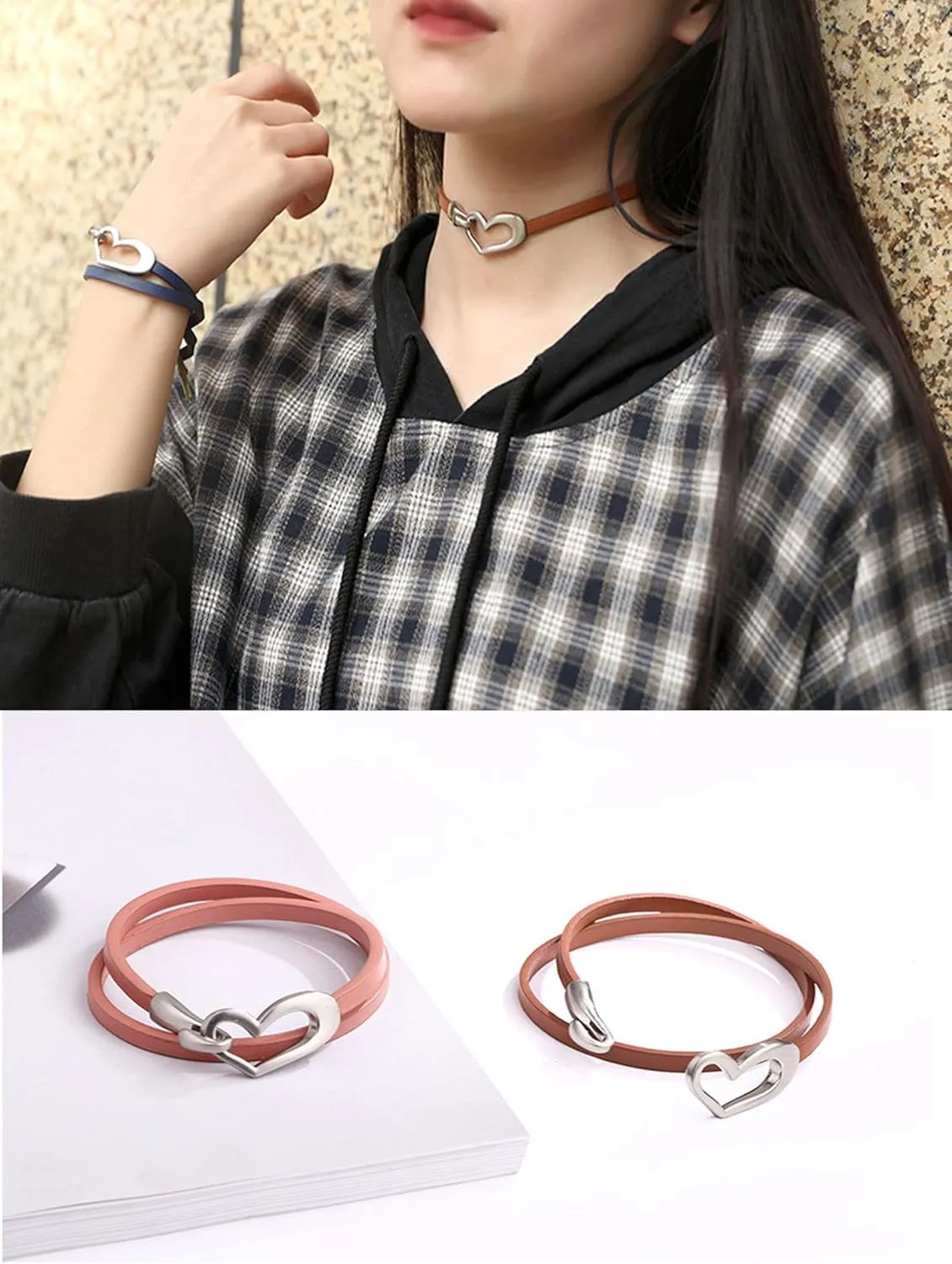 Leather Heart Bracelet for Women Leather Choker Collar Necklace Charm Bracelets Heart Warp Bracelet Trendy Jewelry Valentines Day Gifts for Her