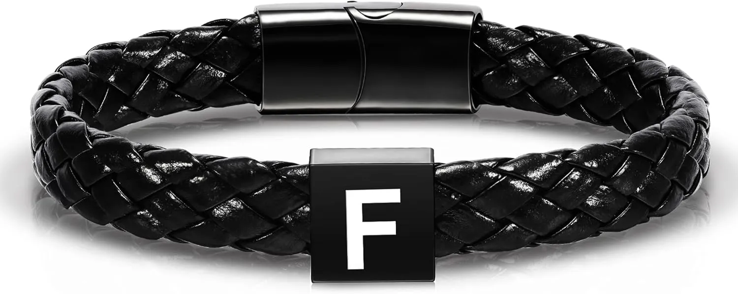 Leather Initial Bracelet for Men Boys, Stainless Steel A-Z Letter Clasp Mens Braided Black Leather Bracelets Jewelry Gifts