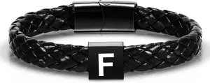 Leather Initial Bracelet for Men Boys, Stainless Steel A-Z Letter Clasp Mens Braided Black Leather Bracelets Jewelry Gifts