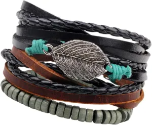 LIFKOME Boho Style Alloy Leaf Bracelet Handmade Woven Leather Bangle Fashion Accessory