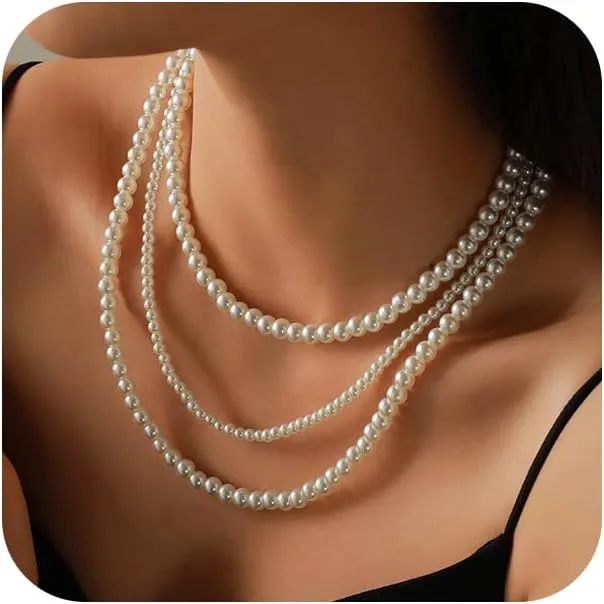 Long Layered Pearls Beaded Necklaces for Women Fashion Multi Strand Faux Pearl Choker Stack Statement Necklaces Vintage Costume Triple Layering Jewelry Gifts