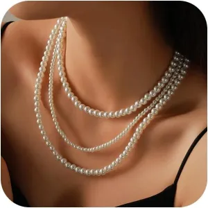 Long Layered Pearls Beaded Necklaces for Women Fashion Multi Strand Faux Pearl Choker Stack Statement Necklaces Vintage Costume Triple Layering Jewelry Gifts
