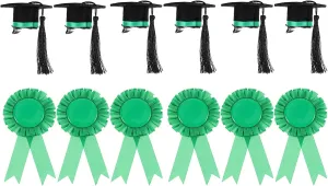 LUOZZY 12 Pcs Graduation Party Decorations Tinplate Ribbon Brooch Pins and Doctoral Cap Hair Clips for Wedding Bridesmaids Birthday Celebrations Green Accessories