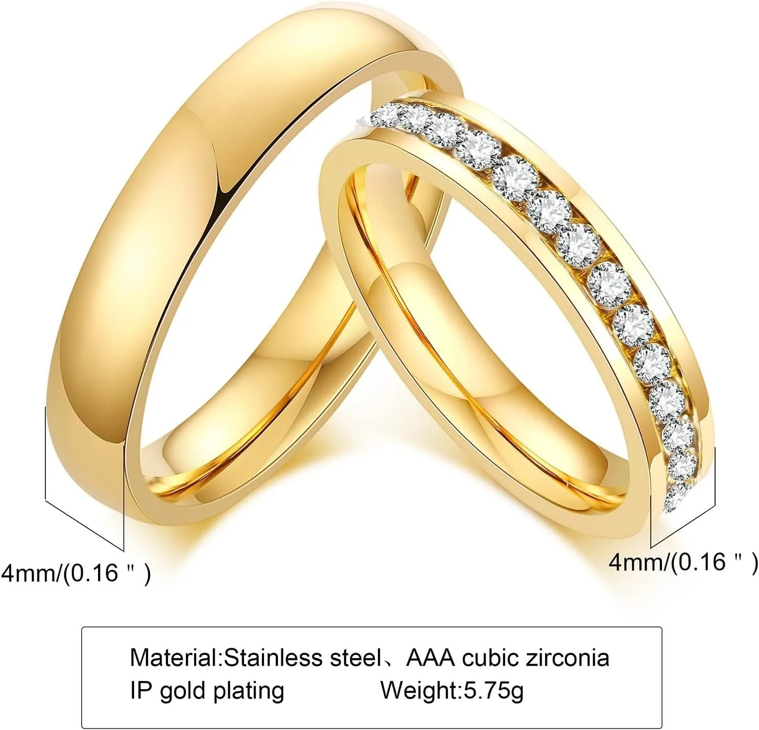 Matching Ring Pair, Titanium Wedding Band 2PCS Stainless Steel 4mm Gold with Zirconia Size Woman 6 Man 7 for Couple Graduation Jewelry