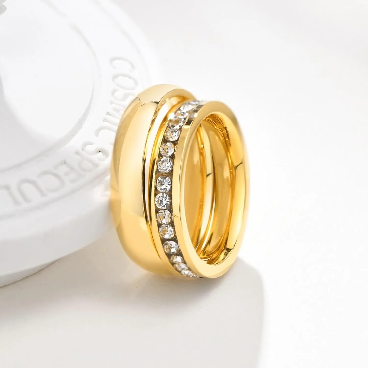 Matching Ring Pair, Titanium Wedding Band 2PCS Stainless Steel 4mm Gold with Zirconia Size Woman 6 Man 7 for Couple Graduation Jewelry