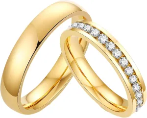 Matching Ring Pair, Titanium Wedding Band 2PCS Stainless Steel 4mm Gold with Zirconia Size Woman 6 Man 7 for Couple Graduation Jewelry
