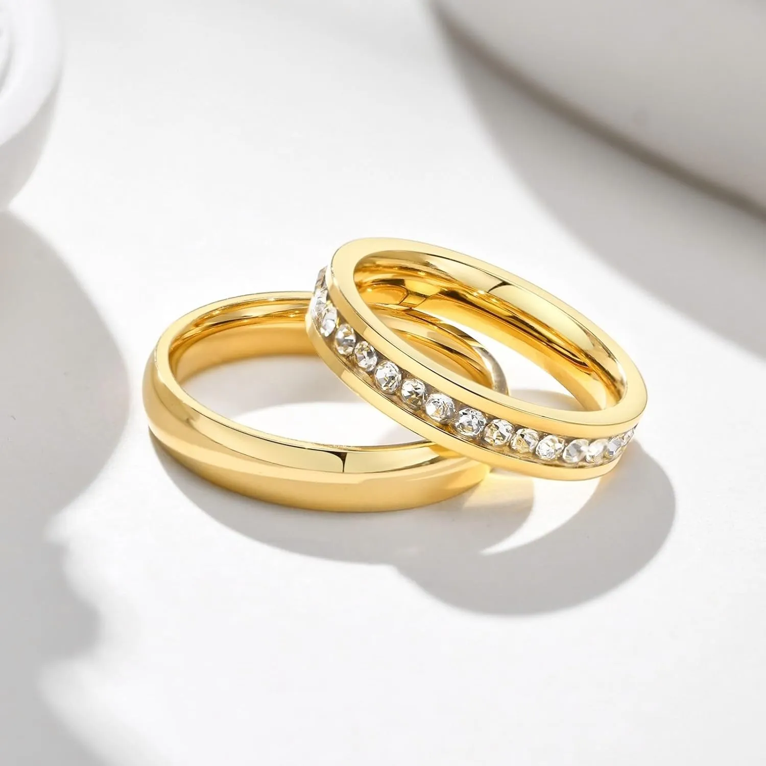 Matching Ring Pair, Titanium Wedding Band 2PCS Stainless Steel 4mm Gold with Zirconia Size Woman 6 Man 7 for Couple Graduation Jewelry
