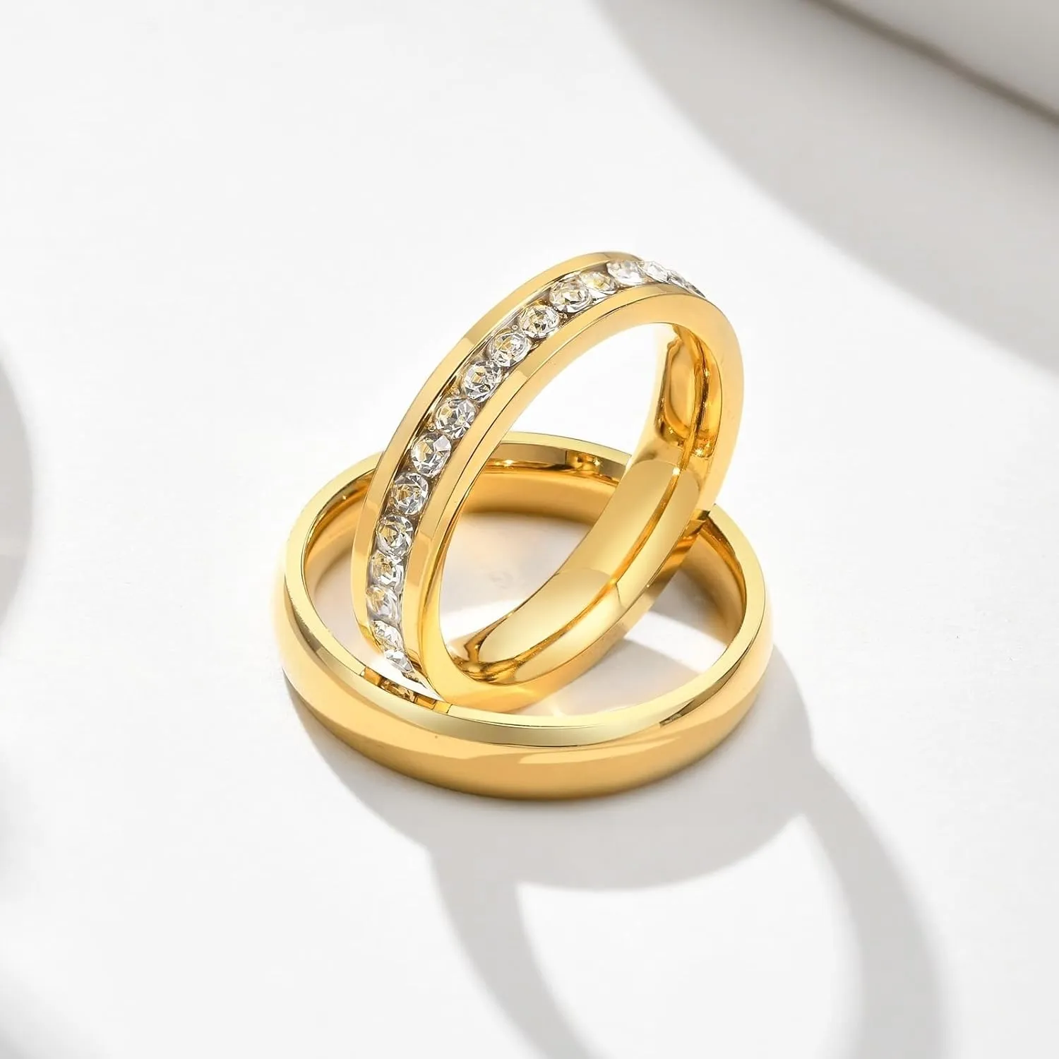 Matching Ring Pair, Titanium Wedding Band 2PCS Stainless Steel 4mm Gold with Zirconia Size Woman 6 Man 7 for Couple Graduation Jewelry