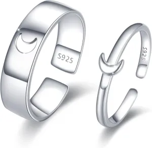 Matching Rings for Couples 925 Sterling Silver Matching Moon Promise Rings Wedding Ring Sets for Him and Her Adjustable Matching Rings Minimalist Jewelry Gifts for Couple