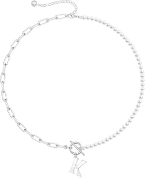 Memorjew Pearl Initial Necklaces for Women Trendy, 14k Gold Plated Dainty Pearl Initial Necklace Paperclip Chain Toggle Clasp Initial Pendant Necklaces Gold Jewelry Gifts for Women