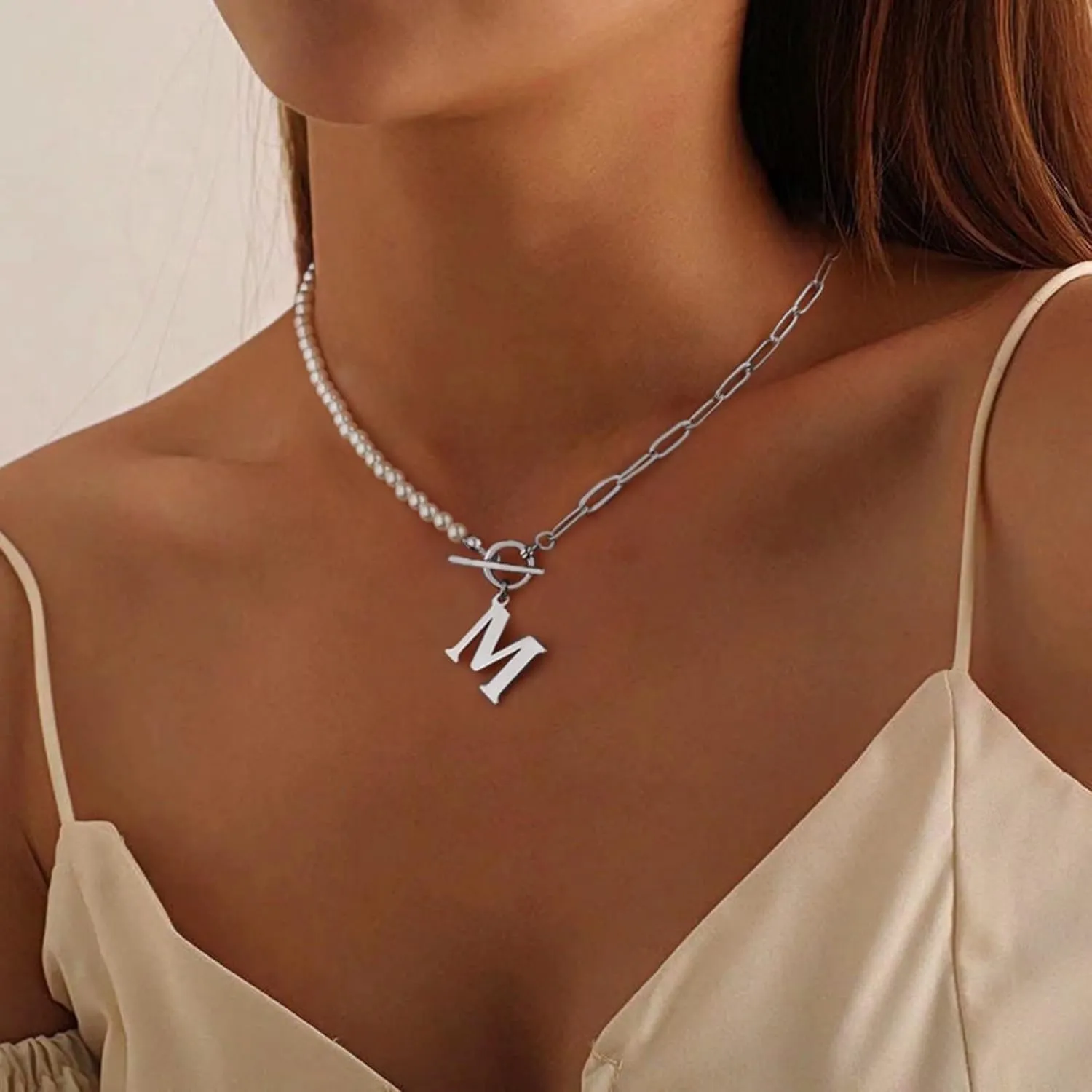 Memorjew Pearl Initial Necklaces for Women Trendy, 14k Gold Plated Dainty Pearl Initial Necklace Paperclip Chain Toggle Clasp Initial Pendant Necklaces Gold Jewelry Gifts for Women