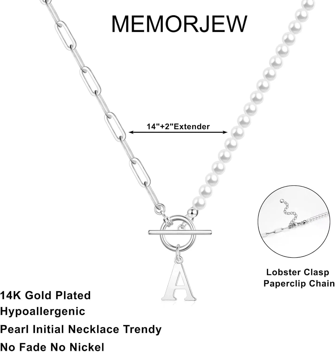 Memorjew Pearl Initial Necklaces for Women Trendy, 14k Gold Plated Dainty Pearl Initial Necklace Paperclip Chain Toggle Clasp Initial Pendant Necklaces Gold Jewelry Gifts for Women