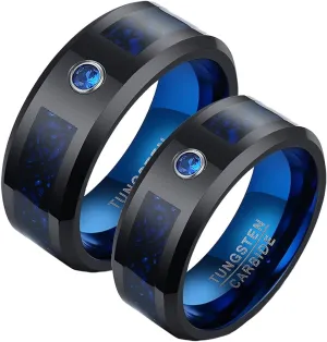 Men Couple Rings, Mens Tungsten Rings Black 8mm Ring Beveled Edges with Zirconia Valentine's Day Couple Rings