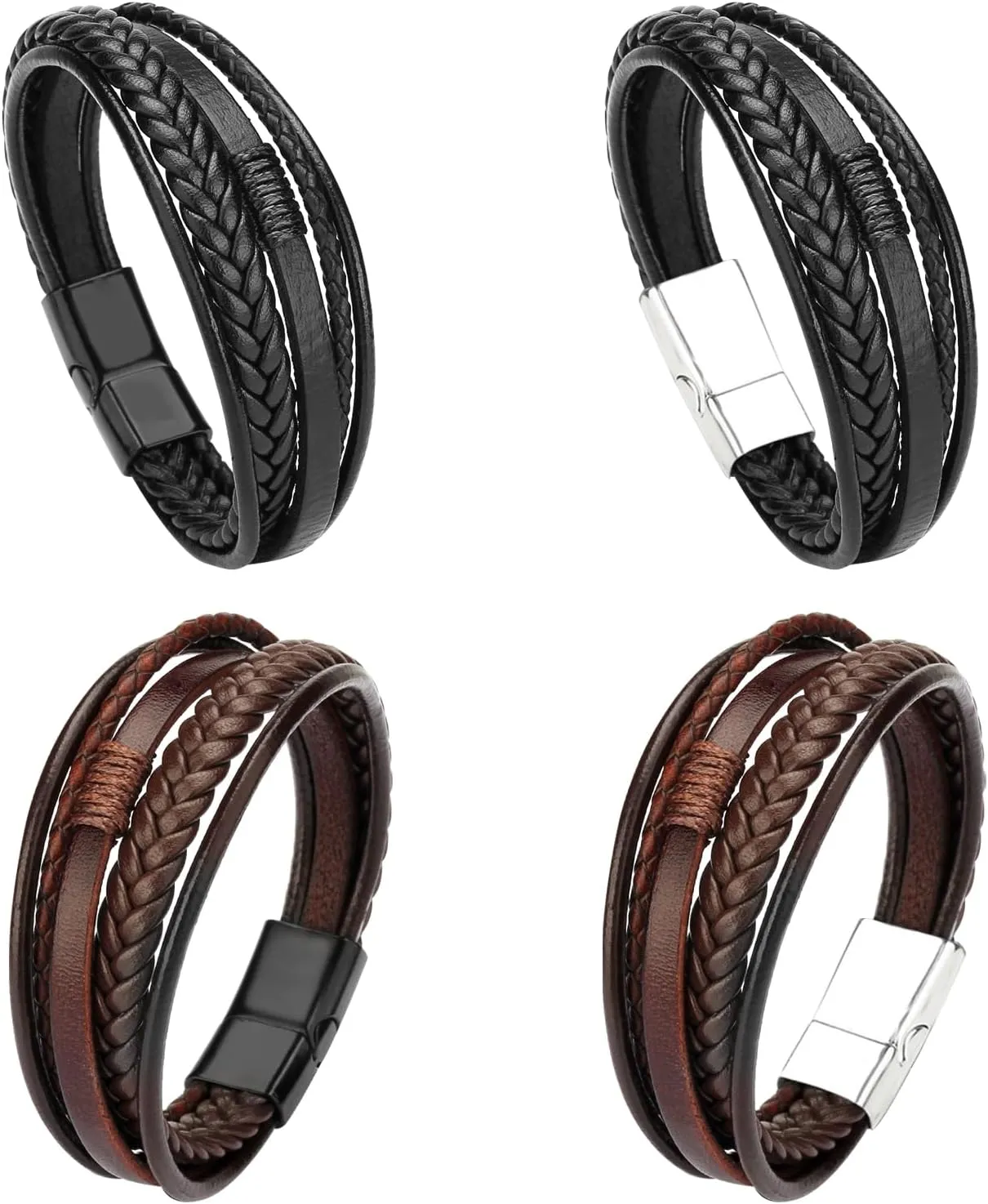 Mens Bracelet, 4pcs Cowhide Braided Leather Bracelet with Stainless Steel Clasp & Jewellery Box, Layered Splicing Bangle Cuff Bracelets for Men Dad Husband Brother in Black & Brown